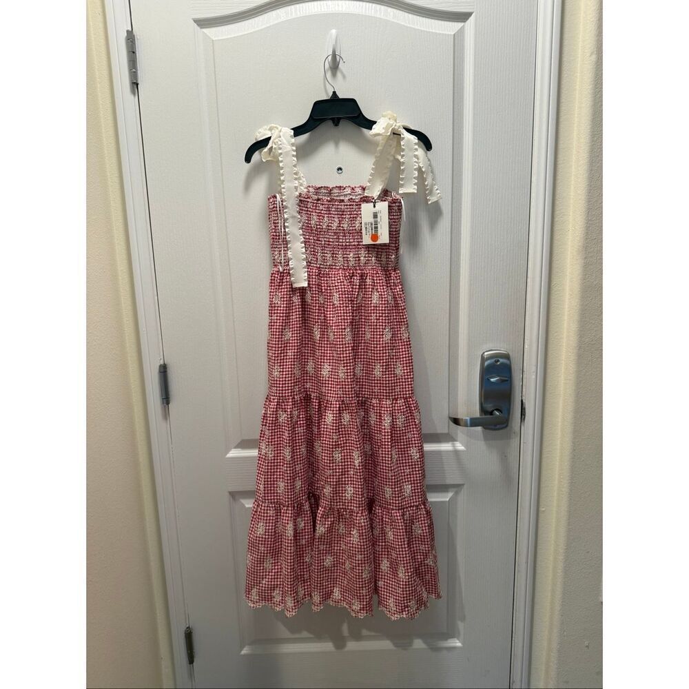 JACQUIE THE LABEL Red Isabella Gingham Embroidered Tiered Midi Dress Size S NWT - Picture 6 of 8